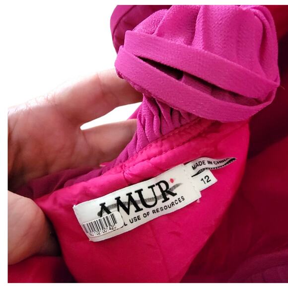 Amur Mimi Mini Dress Pleated Pink Magenta Peacock Chiffon Halter Ruffles 12 - Picture 10 of 15